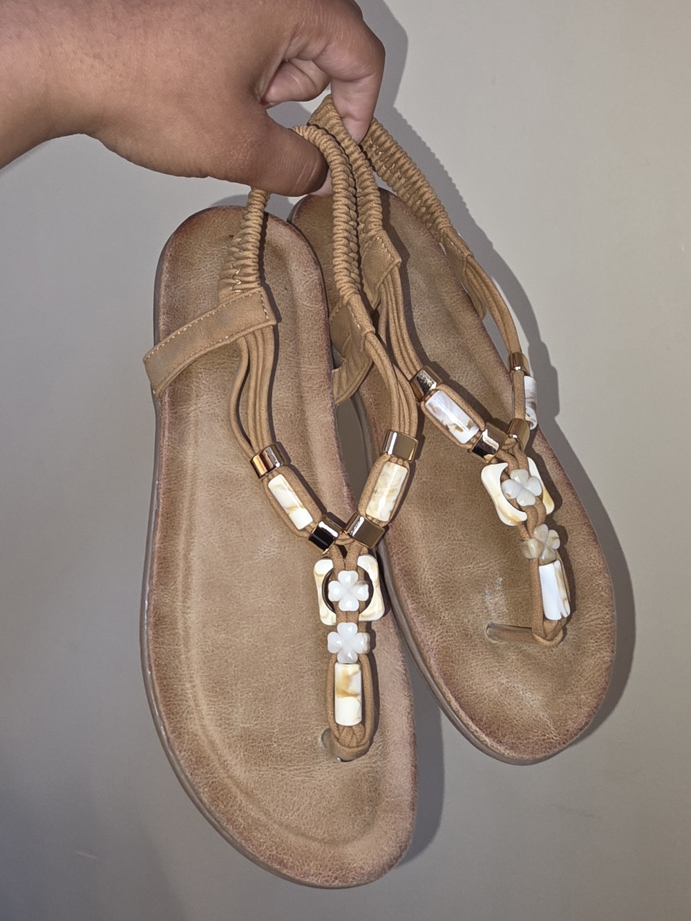 ☆Tan Beaded T-Strap Sandals☆